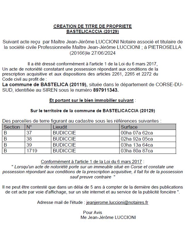 Avis de création de titre de propriété - Commune de Bastelicaccia (Pumonti) Avis de création de titre de propriété - Commune de Bastelicaccia (Pumonti)