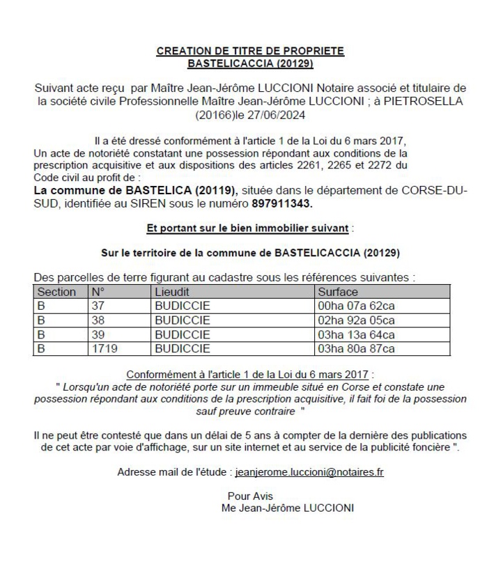 Avis de création de titre de propriété - Commune de Bastelicaccia (Pumonti) Avis de création de titre de propriété - Commune de Bastelicaccia (Pumonti)