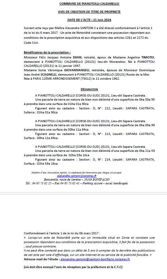Avis de création de titre de propriété - Commune de Pianottuli è Caldareddu (Pumonti) Avis de création de titre de propriété - Commune de Pianottuli è Caldareddu (Pumonti)