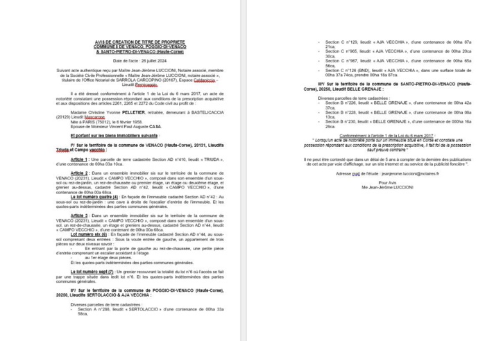 Avis de création de titre de propriété - Commune de Venacu (Cismonte) Avis de création de titre de propriété - Commune de Venacu (Cismonte)