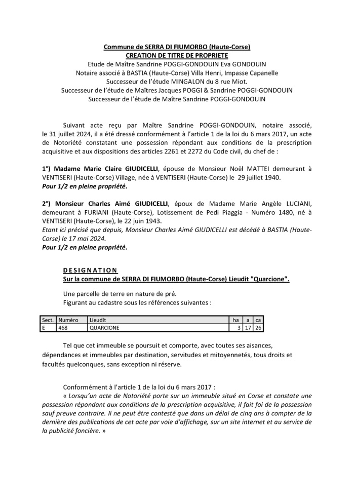 Avis de création de titre de propriété - Commune de Serra di Fiumorbu (Cismonte) Avis de création de titre de propriété - Commune de Serra di Fiumorbu (Cismonte)
