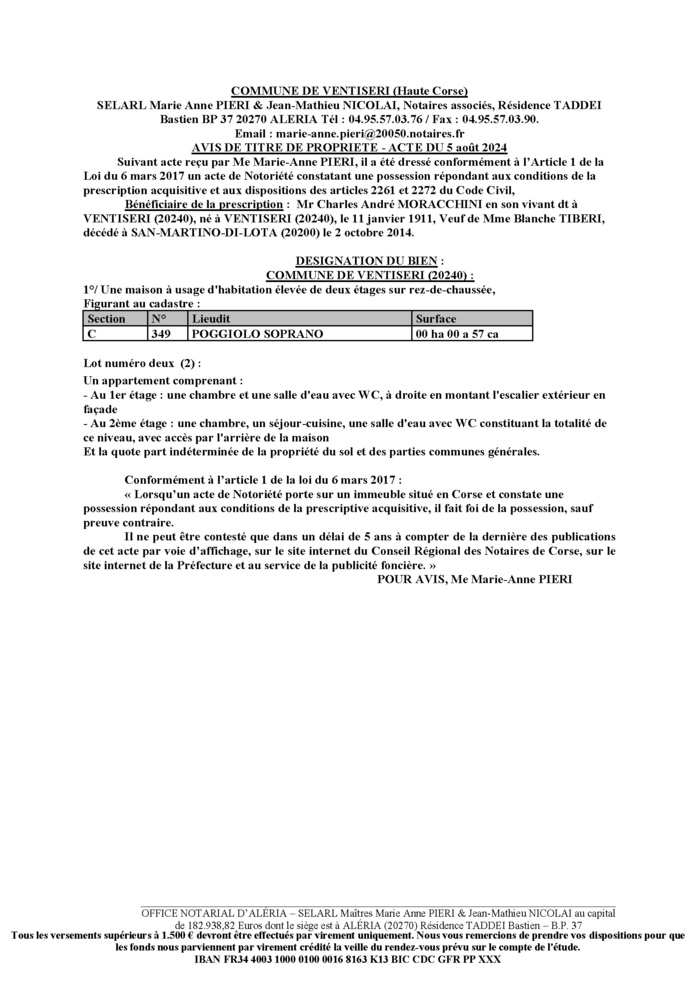 Avis de création de titre de propriété - Commune de Vintisari (Cismonte) Avis de création de titre de propriété - Commune de Vintisari (Cismonte)