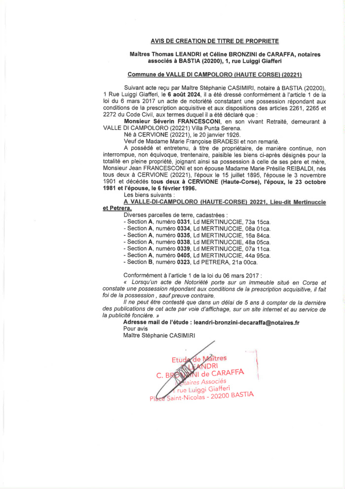 Avis de création de titre de propriété - Commune d'A Valle di Campulori (Cismonte) Avis de création de titre de propriété - Commune d'A Valle di Campulori (Cismonte)