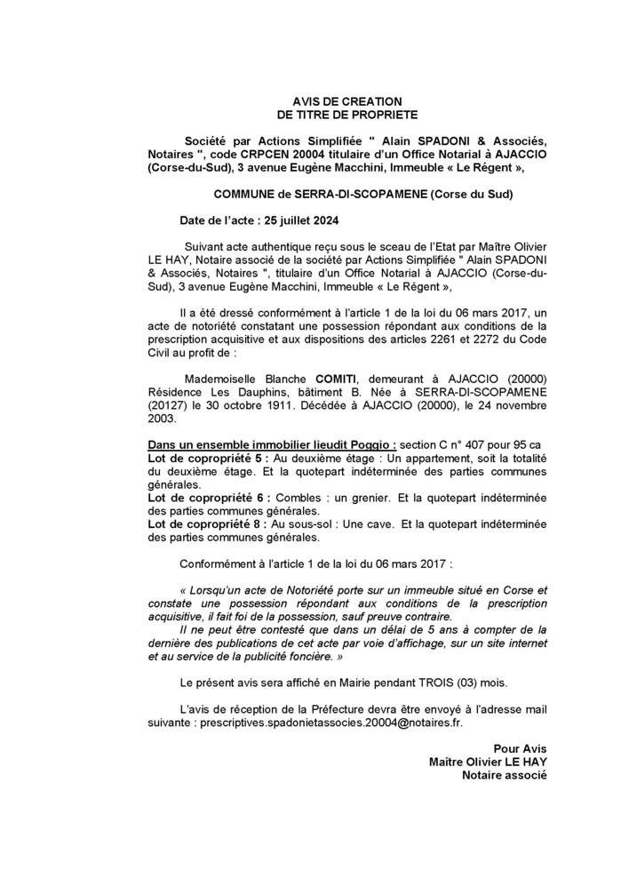 Avis de création de titre de propriété - Commune d'A Sarra di Scupamena (Pumonti) Avis de création de titre de propriété - Commune d'A Sarra di Scupamena (Pumonti)
