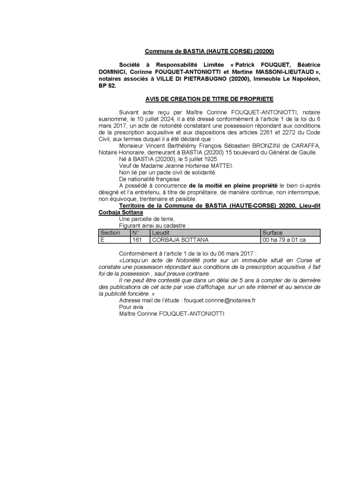 Avis de création de titre de propriété - Commune de Bastia (Cismonte) Avis de création de titre de propriété - Commune de Bastia (Cismonte)