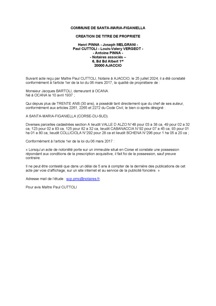 Avis de création de titre de propriété - Commune de Santa Maria Ficaniedda (Pumonti) Avis de création de titre de propriété - Commune de Santa Maria Ficaniedda (Pumonti)