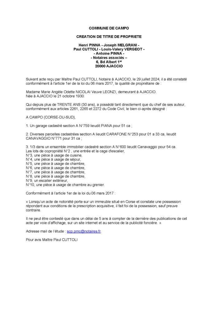 Avis de création de titre de propriété - Commune de Campu (Pumonti)