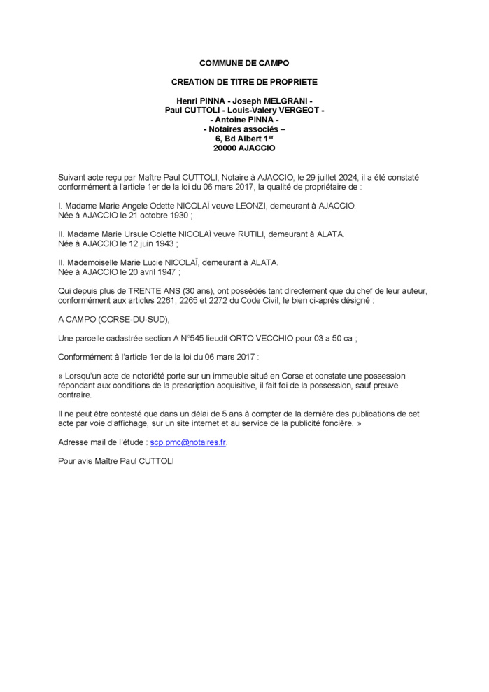 Avis de création de titre de propriété - Commune de Campu (Pumonti) Avis de création de titre de propriété - Commune de Campu (Pumonti)