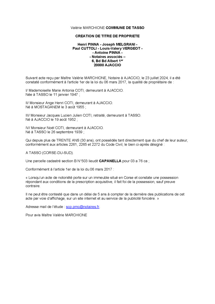 Avis de création de titre de propriété - Commune d'U Tassu (Pumonti) Avis de création de titre de propriété - Commune d'U Tassu (Pumonti)