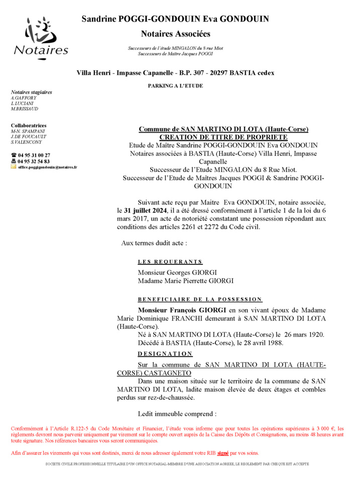 Avis de création de titre de propriété - Commune de San Martinu di Lota (Cismonte) Avis de création de titre de propriété - Commune de San Martinu di Lota (Cismonte)