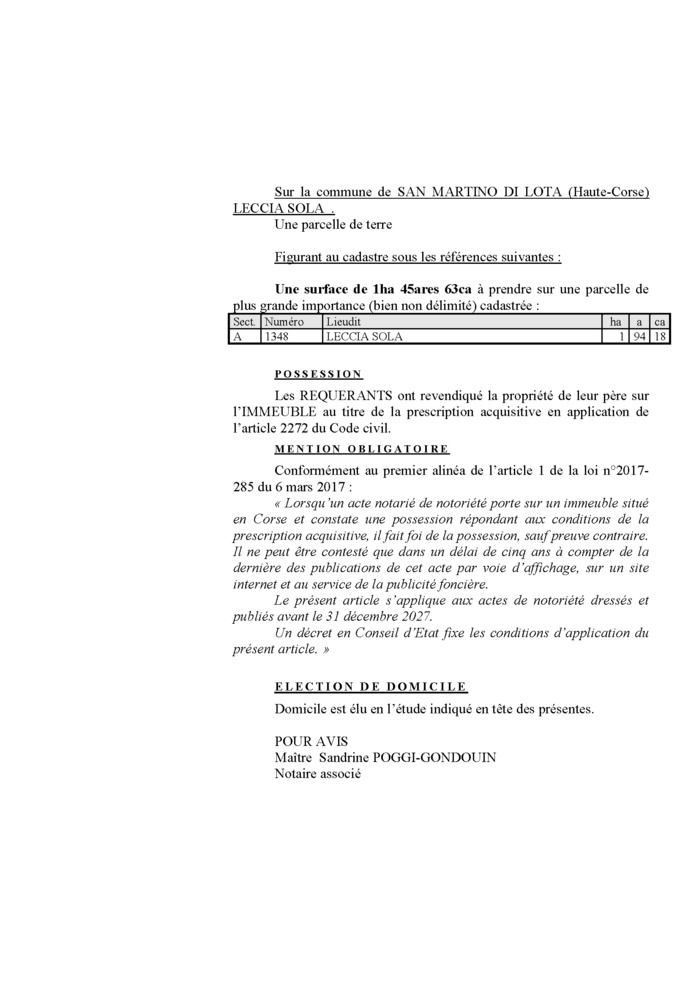 Avis de création de titre de propriété - Commune de San Martinu di Lota (Cismonte) Avis de création de titre de propriété - Commune de San Martinu di Lota (Cismonte)