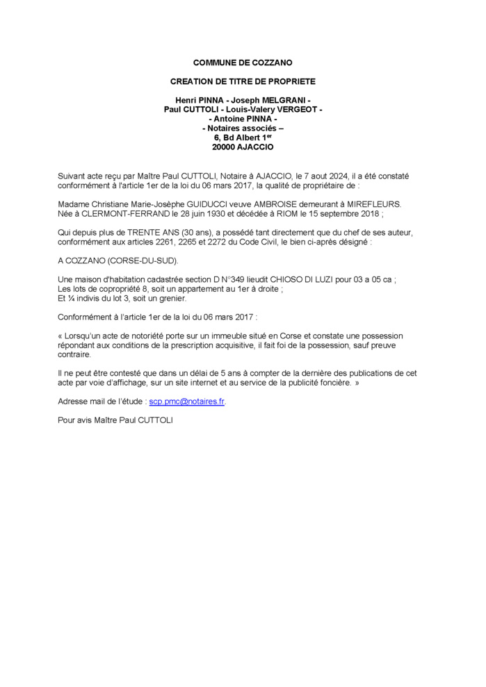 Avis de création de titre de propriété - Commune de Cuzzà (Pumonti) Avis de création de titre de propriété - Commune de Cuzzà (Pumonti)