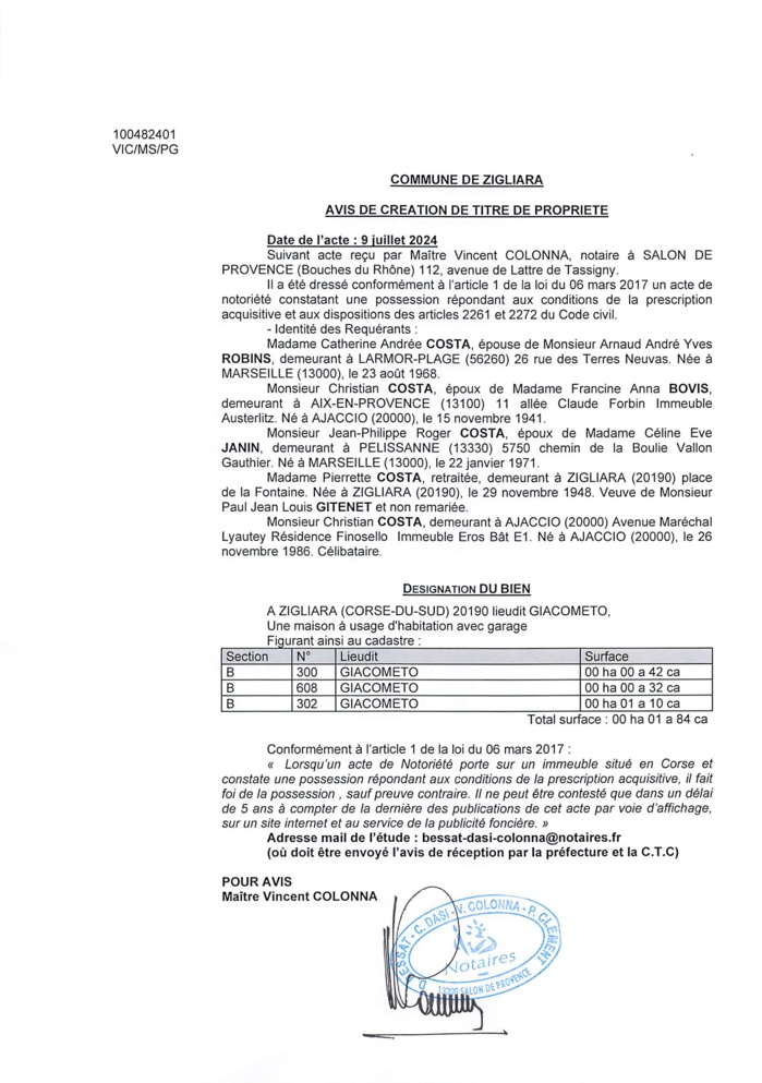 Avis de création de titre de propriété - Commune de Ziddara (Pumonti) Avis de création de titre de propriété - Commune de Ziddara (Pumonti)