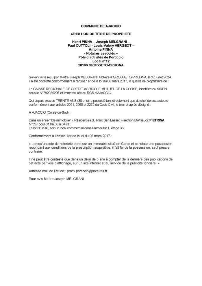 Avis de création de titre de propriété - Commune d'Aiacciu (Pumonti) Avis de création de titre de propriété - Commune d'Aiacciu (Pumonti)