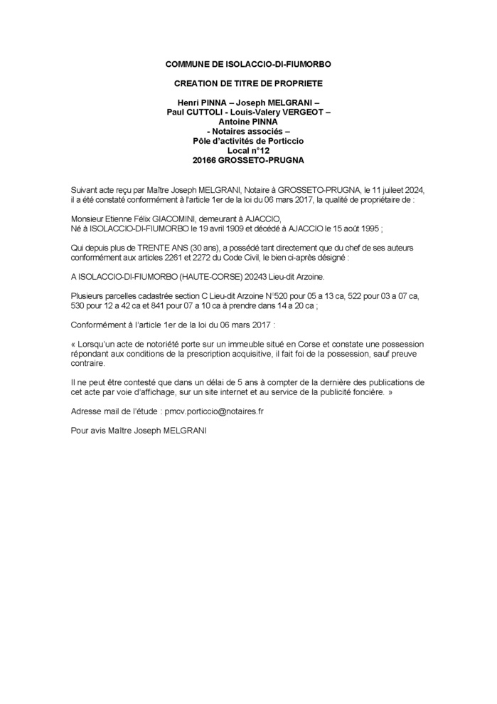 Avis de création de titre de propriété - Commune de L'Isulacciu di Fiumorbu (Cismonte) Avis de création de titre de propriété - Commune de L'Isulacciu di Fiumorbu (Cismonte)