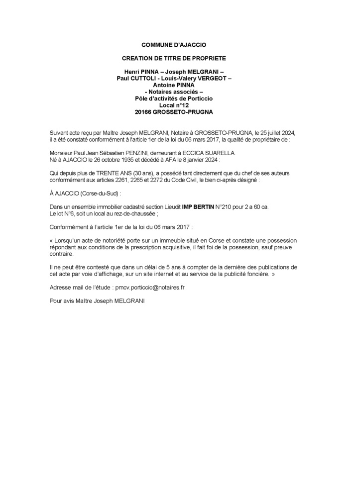 Avis de création de titre de propriété - Commune d'Aiacciu (Pumonti) Avis de création de titre de propriété - Commune d'Aiacciu (Pumonti)
