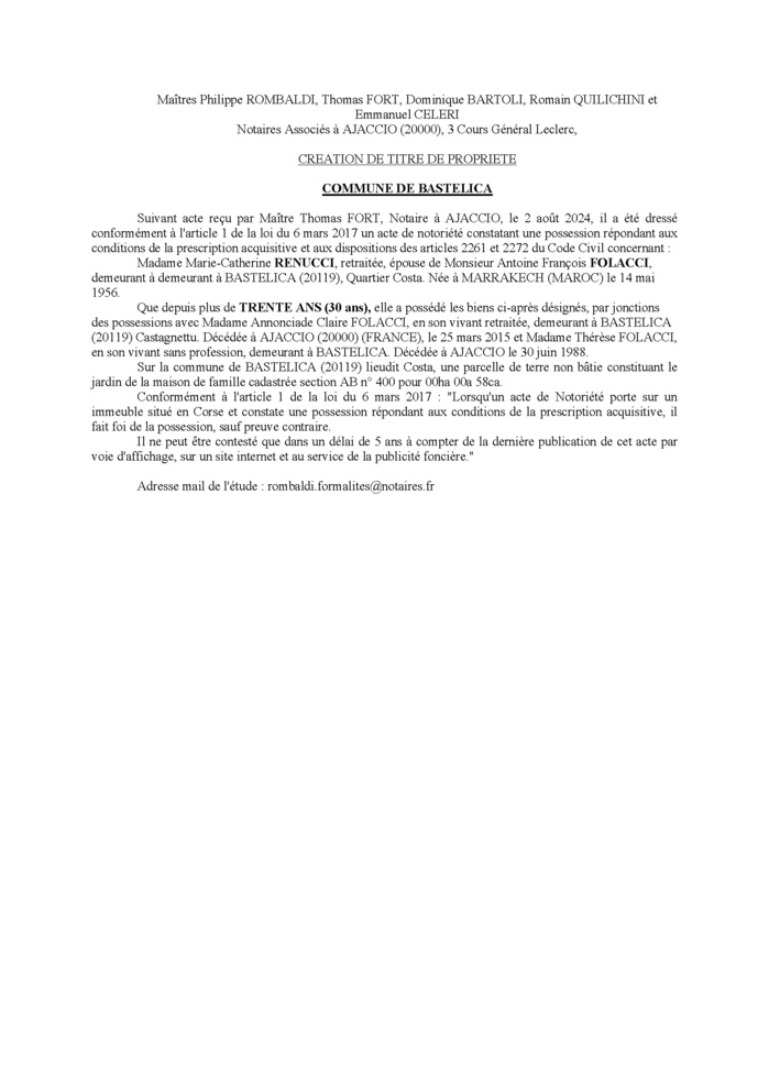 Avis de création de titre de propriété - Commune de Bastelica (Pumonti) Avis de création de titre de propriété - Commune de Bastelica (Pumonti)