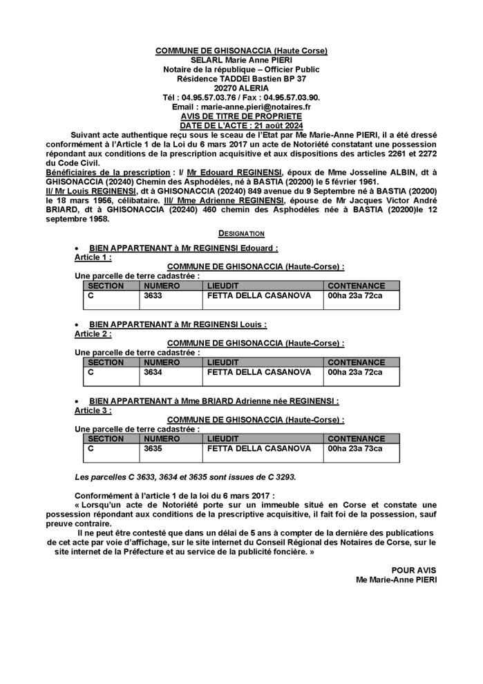Avis de création de titre de propriété - Commune d'A Ghisunaccia (Cismonte) Avis de création de titre de propriété - Commune d'A Ghisunaccia (Cismonte)