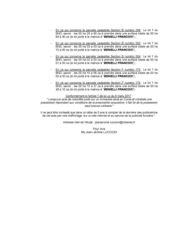Avis de création de titre de propriété - Commune d'Aucciani (Pumonti) Avis de création de titre de propriété - Commune d'Aucciani (Pumonti)