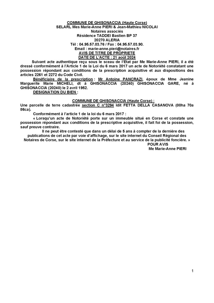 Avis de création de titre de propriété - Commune d'A Ghisunaccia (Cismonte) Avis de création de titre de propriété - Commune d'A Ghisunaccia (Cismonte)