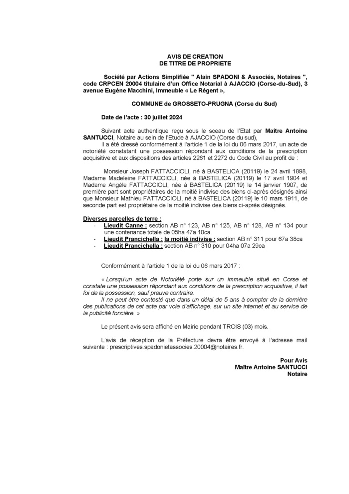 Avis de création de titre de propriété - Commune de Grussettu è Prugna (Pumonti) Avis de création de titre de propriété - Commune de Grussettu è Prugna (Pumonti)
