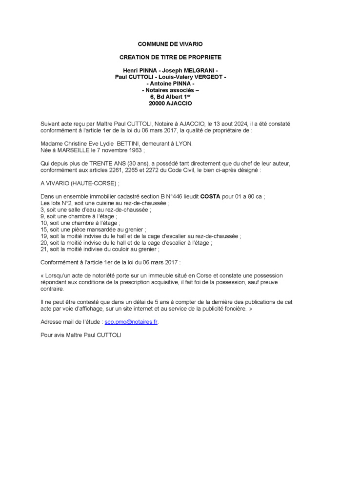 Avis de création de titre de propriété - Commune de Vivariu (Cismonte) Avis de création de titre de propriété - Commune de Vivariu (Cismonte)