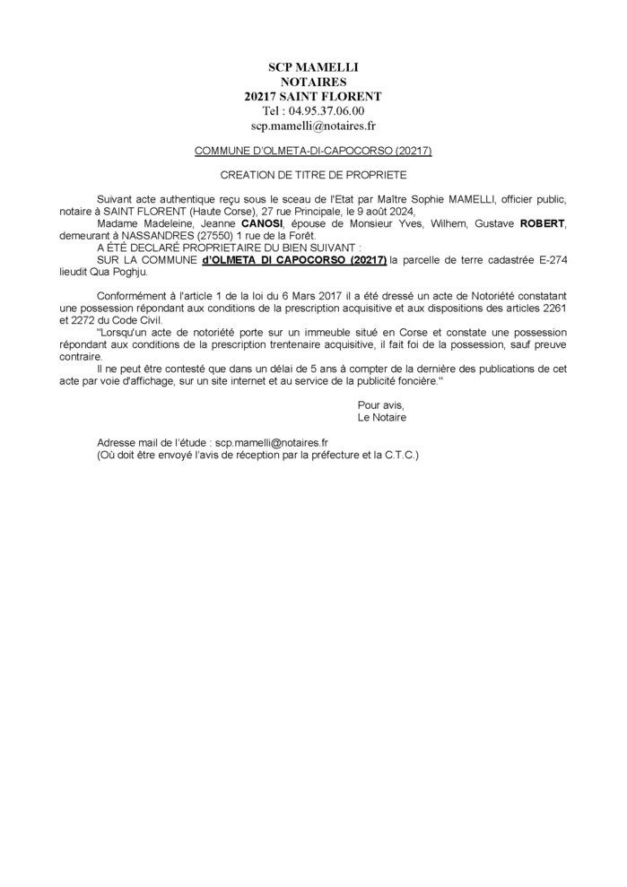 Avis de création de titre de propriété - Commune d'Olmeta di Capicorsu (Cismonte) Avis de création de titre de propriété - Commune d'Olmeta di Capicorsu (Cismonte)