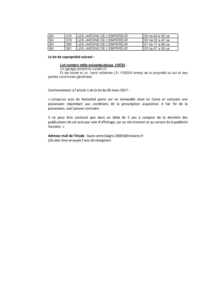 Avis de création de titre de propriété - Commune d'Aiacciu (Pumonti) Avis de création de titre de propriété - Commune d'Aiacciu (Pumonti)