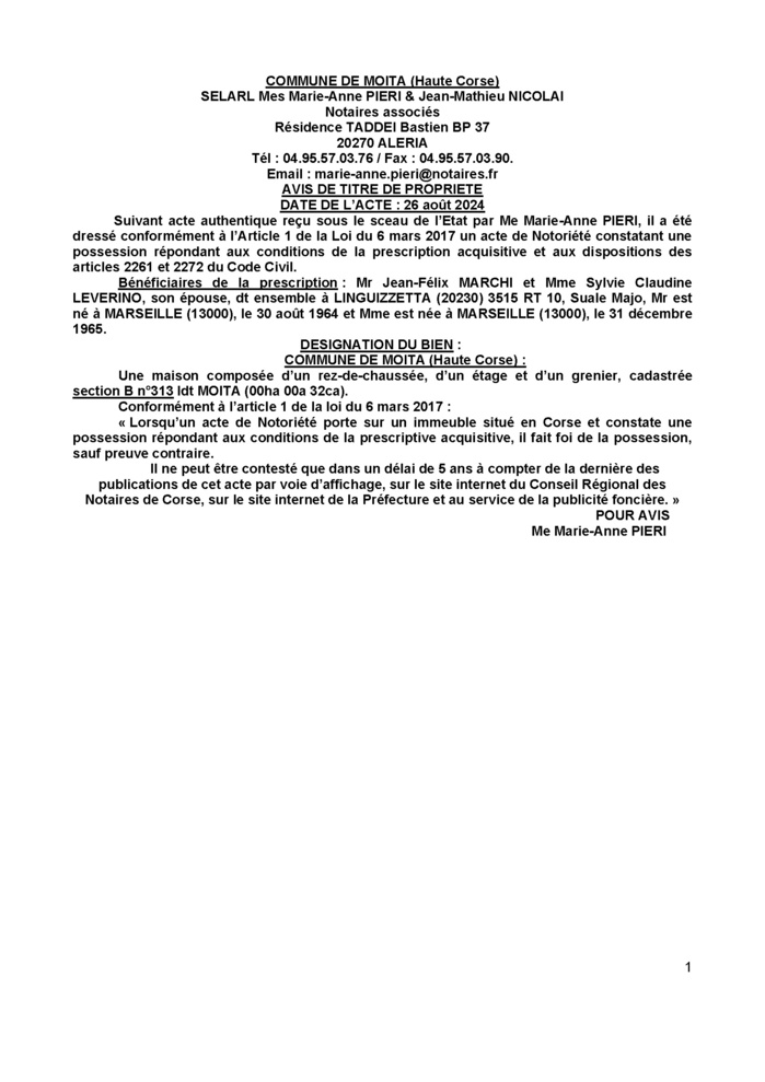 Avis de création de titre de propriété - Commune de Moita (Cismonte) Avis de création de titre de propriété - Commune de Moita (Cismonte)