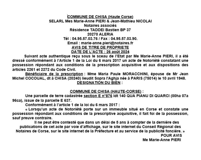 Avis de création de titre de propriété - Commune de Chisà (Cismonte)