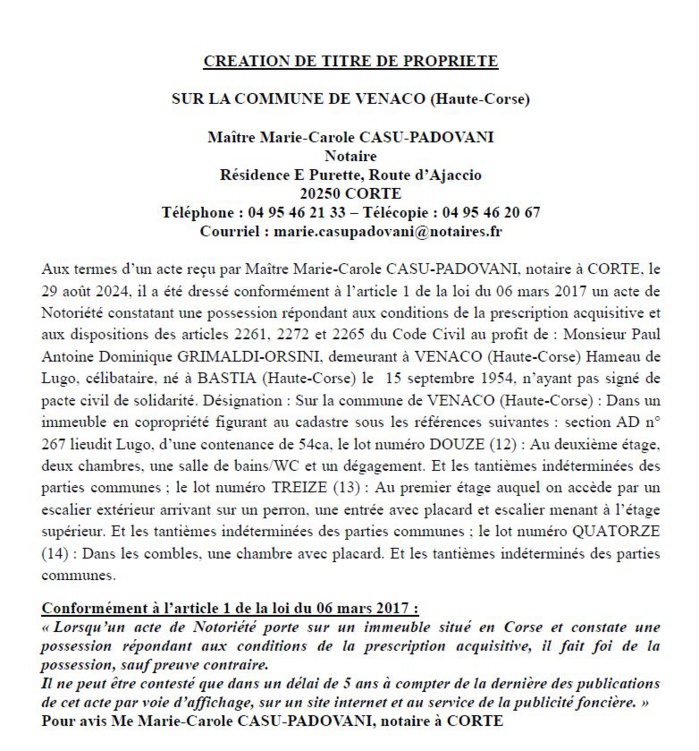 Avis de création de titre de propriété - Commune de Venacu (Cismonte) Avis de création de titre de propriété - Commune de Venacu (Cismonte)