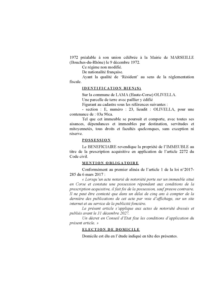 Avis de création de titre de propriété - Commune de Lama (Cismonte) Avis de création de titre de propriété - Commune de Lama (Cismonte)