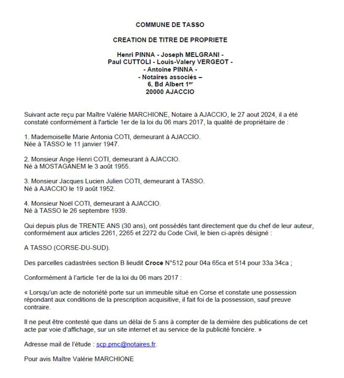 Avis de création de titre de propriété - Commune d'U Tassu (Pumonti) Avis de création de titre de propriété - Commune d'U Tassu (Pumonti)