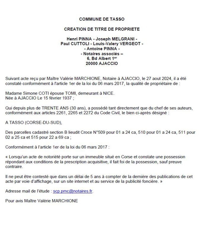 Avis de création de titre de propriété - Commune d'U Tassu (Pumonti) Avis de création de titre de propriété - Commune d'U Tassu (Pumonti)