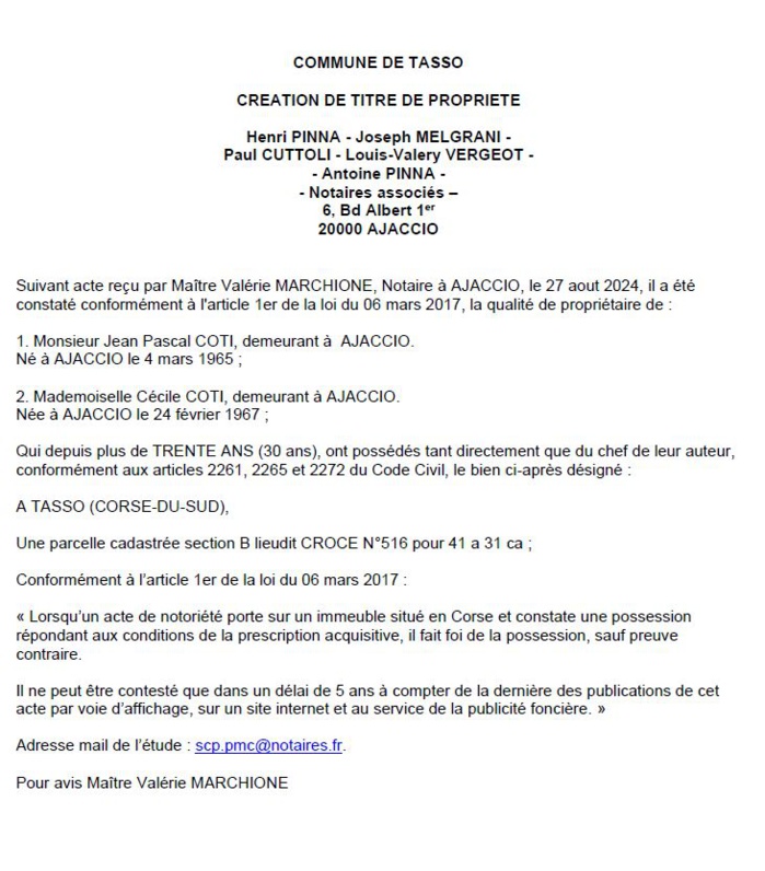 Avis de création de titre de propriété - Commune d'U Tassu (Pumonti) Avis de création de titre de propriété - Commune d'U Tassu (Pumonti)