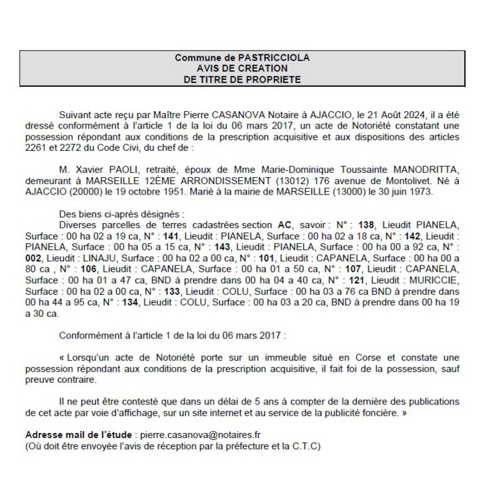 Avis de création de titre de propriété - Commune d'A Pastricciola (Pumonti) Avis de création de titre de propriété - Commune d'A Pastricciola (Pumonti)