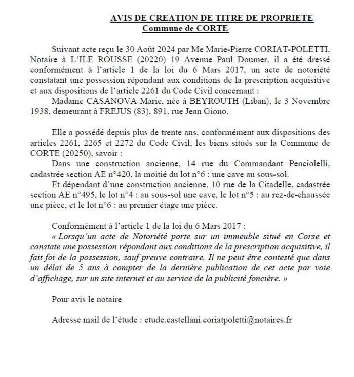 Avis de création de titre de propriété - Commune de Corti (Cismonte) Avis de création de titre de propriété - Commune de Corti (Cismonte)