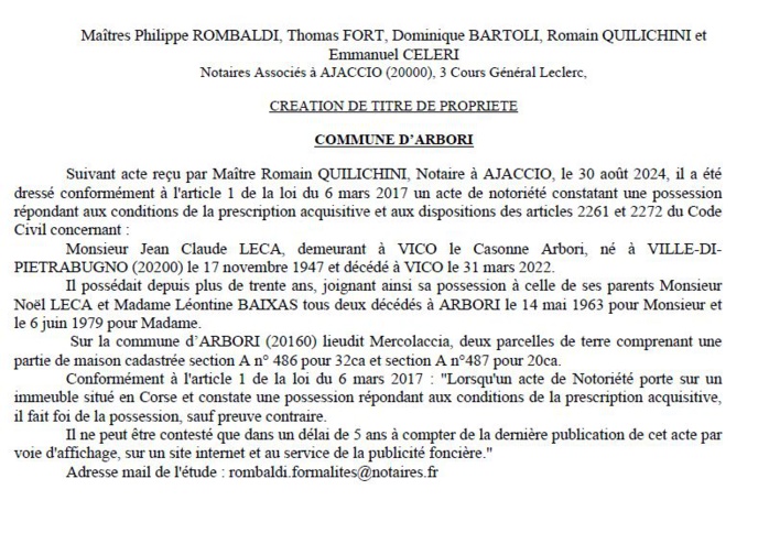 Avis de création de titre de propriété - Commune d'Arburi (Pumonti) Avis de création de titre de propriété - Commune d'Arburi (Pumonti)