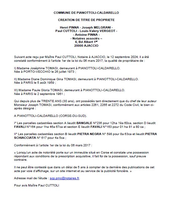 Avis de création de titre de propriété - Commune de Pianottuli è Caldareddu (Pumonti) Avis de création de titre de propriété - Commune de Pianottuli è Caldareddu (Pumonti)