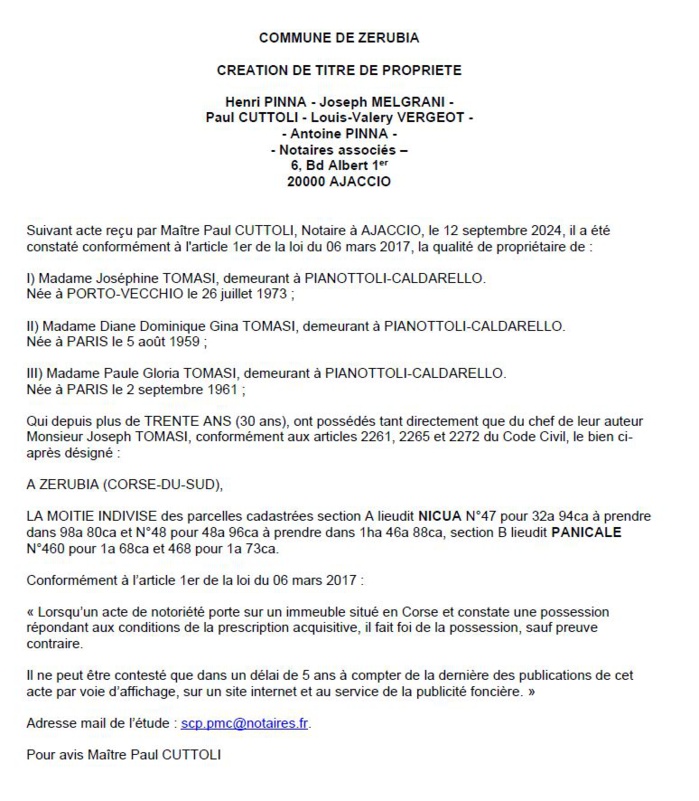 Avis de création de titre de propriété - Commune de Zirubia (Pumonti) Avis de création de titre de propriété - Commune de Zirubia (Pumonti)
