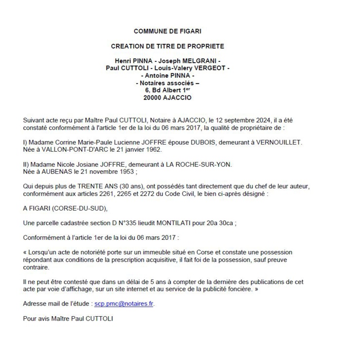 Avis de création de titre de propriété - Commune de Figari (Pumonti) Avis de création de titre de propriété - Commune de Figari (Pumonti)