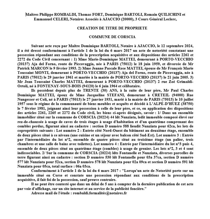 Avis de création de titre de propriété - Commune de Corscia (Cismonte) Avis de création de titre de propriété - Commune de Corscia (Cismonte)