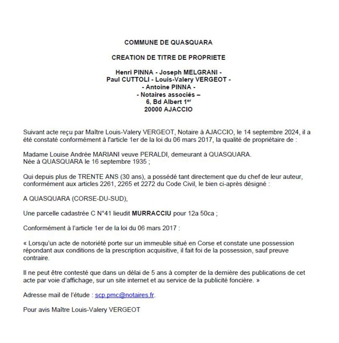 Avis de création de titre de propriété - Commune de Quasquara (Pumonti) Avis de création de titre de propriété - Commune de Quasquara (Pumonti)