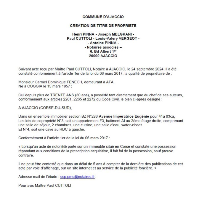 Avis de création de titre de propriété - Commune d'Aiacciu (Pumonti) Avis de création de titre de propriété - Commune d'Aiacciu (Pumonti)