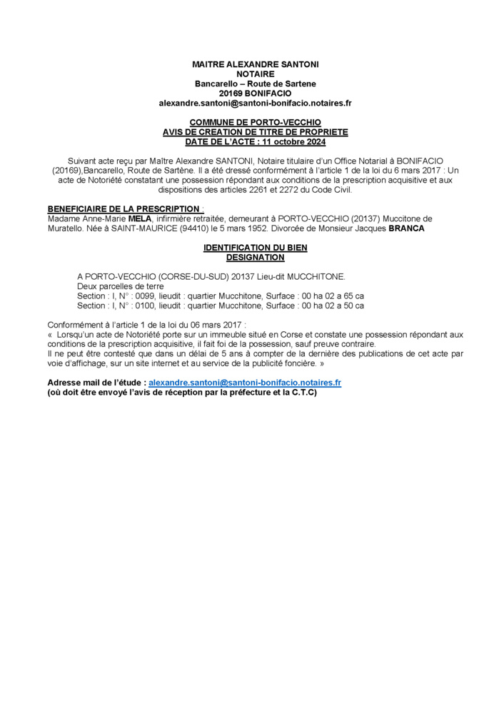 Avis de création de titre de propriété - Commune de Portivechju (Pumonti) Avis de création de titre de propriété - Commune de Portivechju (Pumonti)