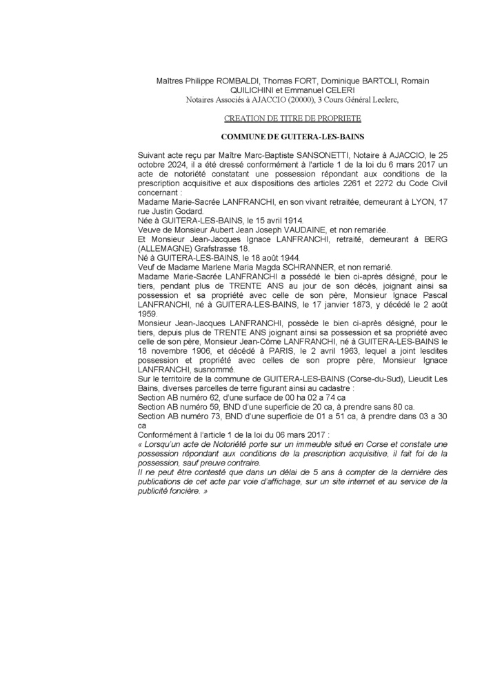 Avis de création de titre de propriété - Commune d'A Vuttera (Pumonti) Avis de création de titre de propriété - Commune d'A Vuttera (Pumonti)