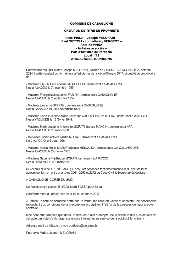 Avis de création de titre de propriété - Commune de Casaglione (Pumonti) Avis de création de titre de propriété - Commune de Casaglione (Pumonti)