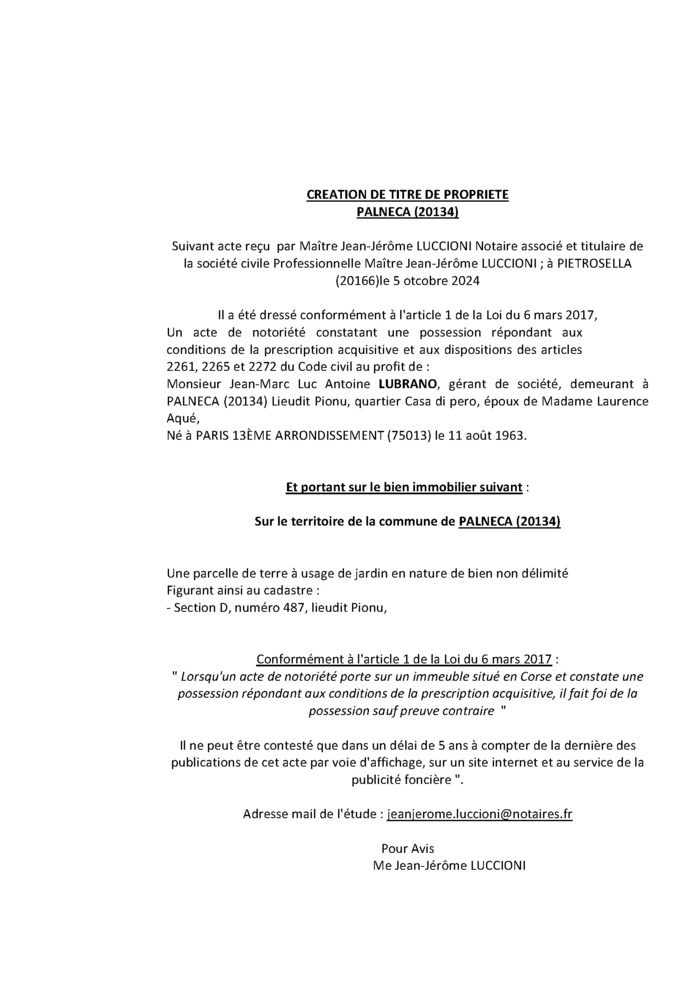 Avis de création de titre de propriété - Commune de Palleca (Pumonti) Avis de création de titre de propriété - Commune de Palleca (Pumonti)