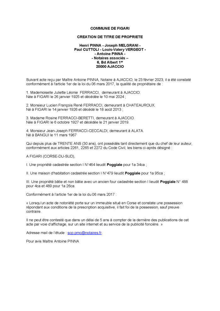 Avis de création de titre de propriété - Commune de Figari (Pumonti) Avis de création de titre de propriété - Commune de Figari (Pumonti)