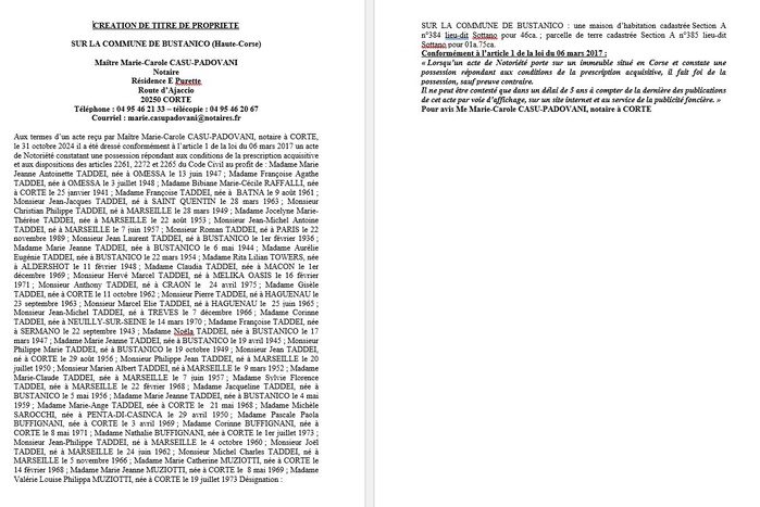Avis de création de titre de propriété - Commune de Bustanicu (Cismonte) Avis de création de titre de propriété - Commune de Bustanicu (Cismonte)